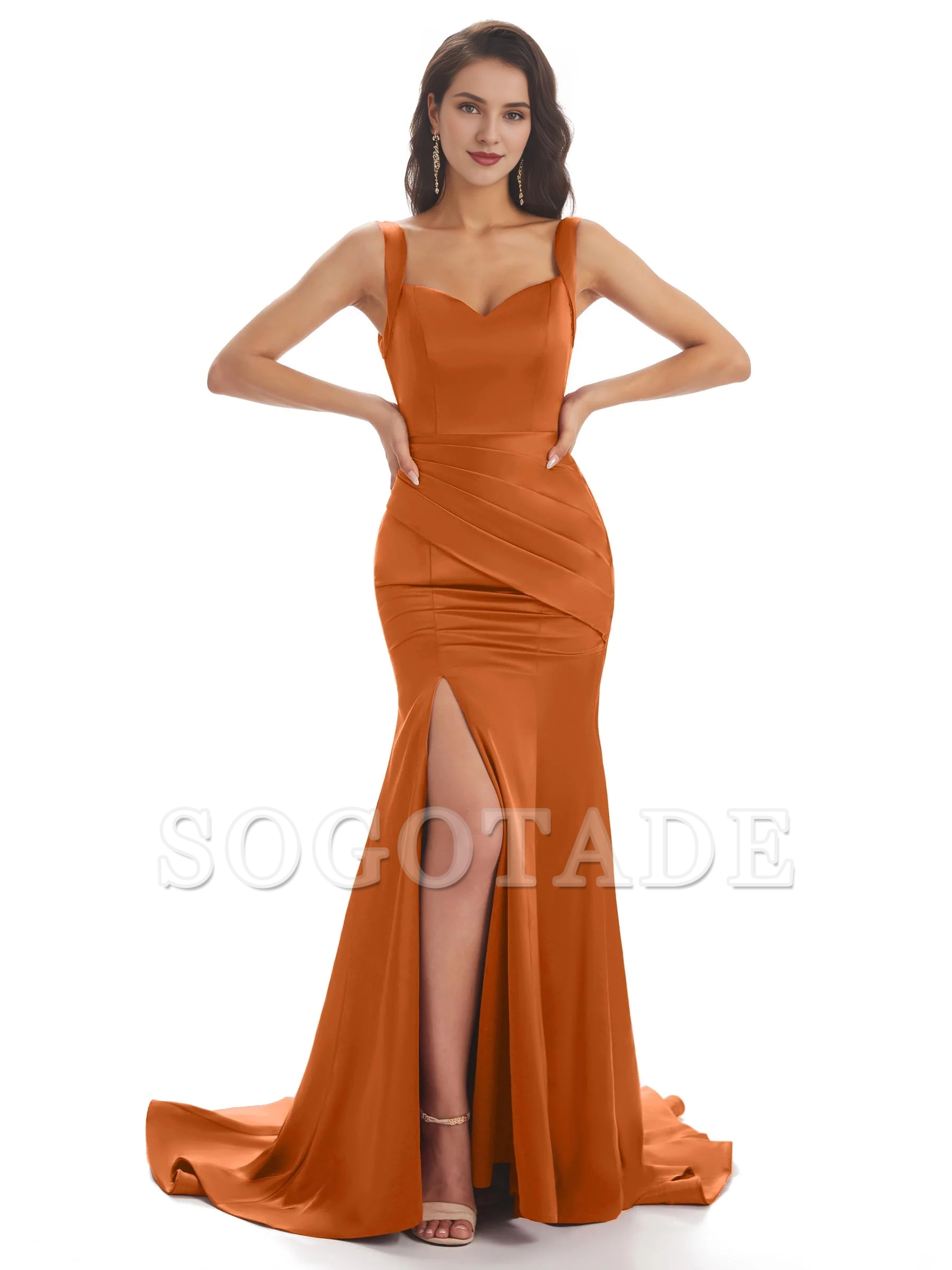 Sexy and soft satin side slit shoulder strap square and floor length fishtail bridesmaid dress