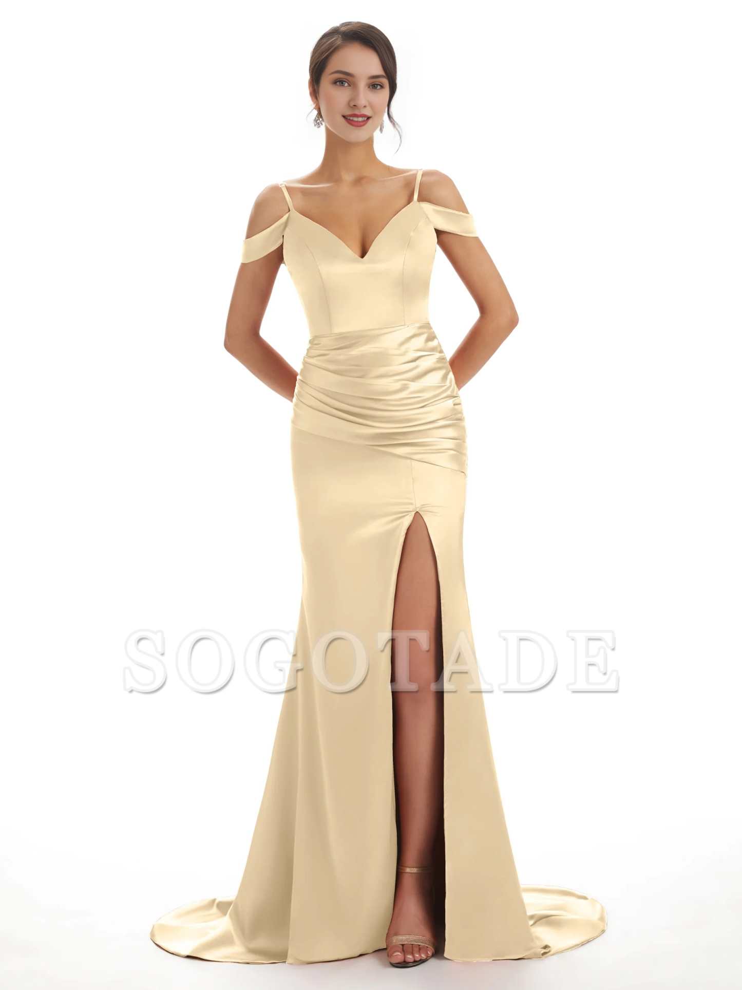 Sexy off shoulder soft satin side slit long fish tail bridesmaid dress