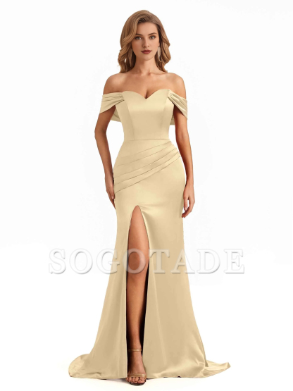 Sexy side slit mermaid off shoulder V-neck extra long soft satin bridesmaid dress