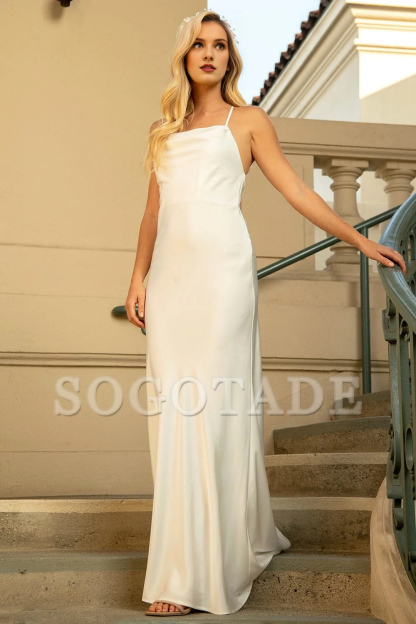 Long sleeveless high neck satin dress