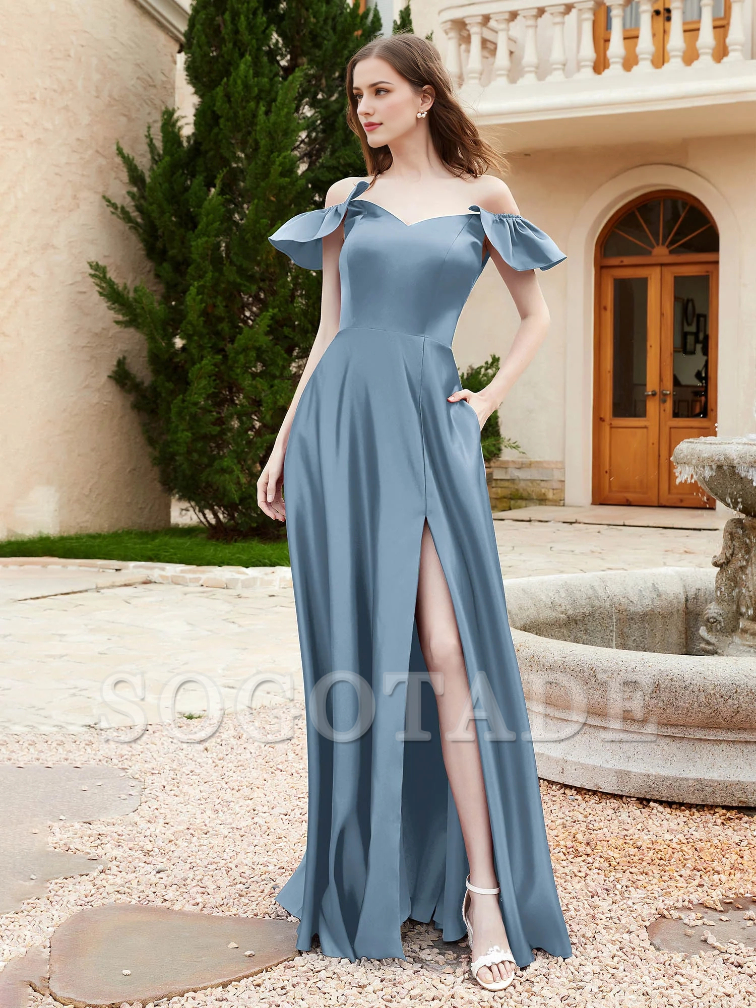 Pocket off shoulder satin bridesmaid dress