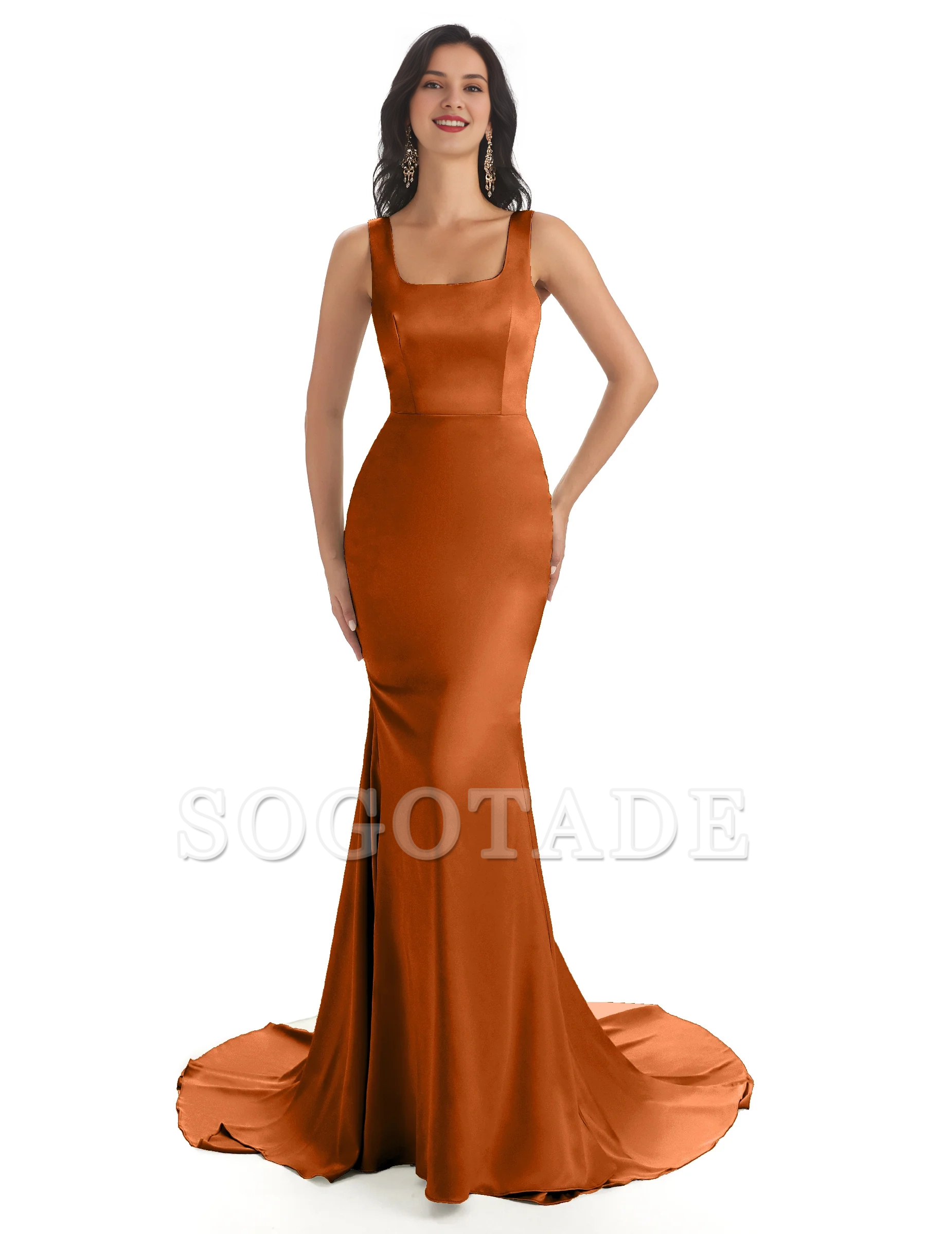 Soft satin unique square neck extra long fish tail bridesmaid dress