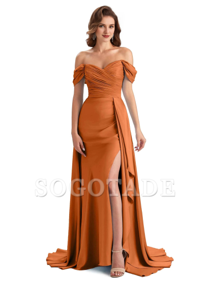Sexy side slit mermaid soft satin off shoulder long unique bridesmaid dress