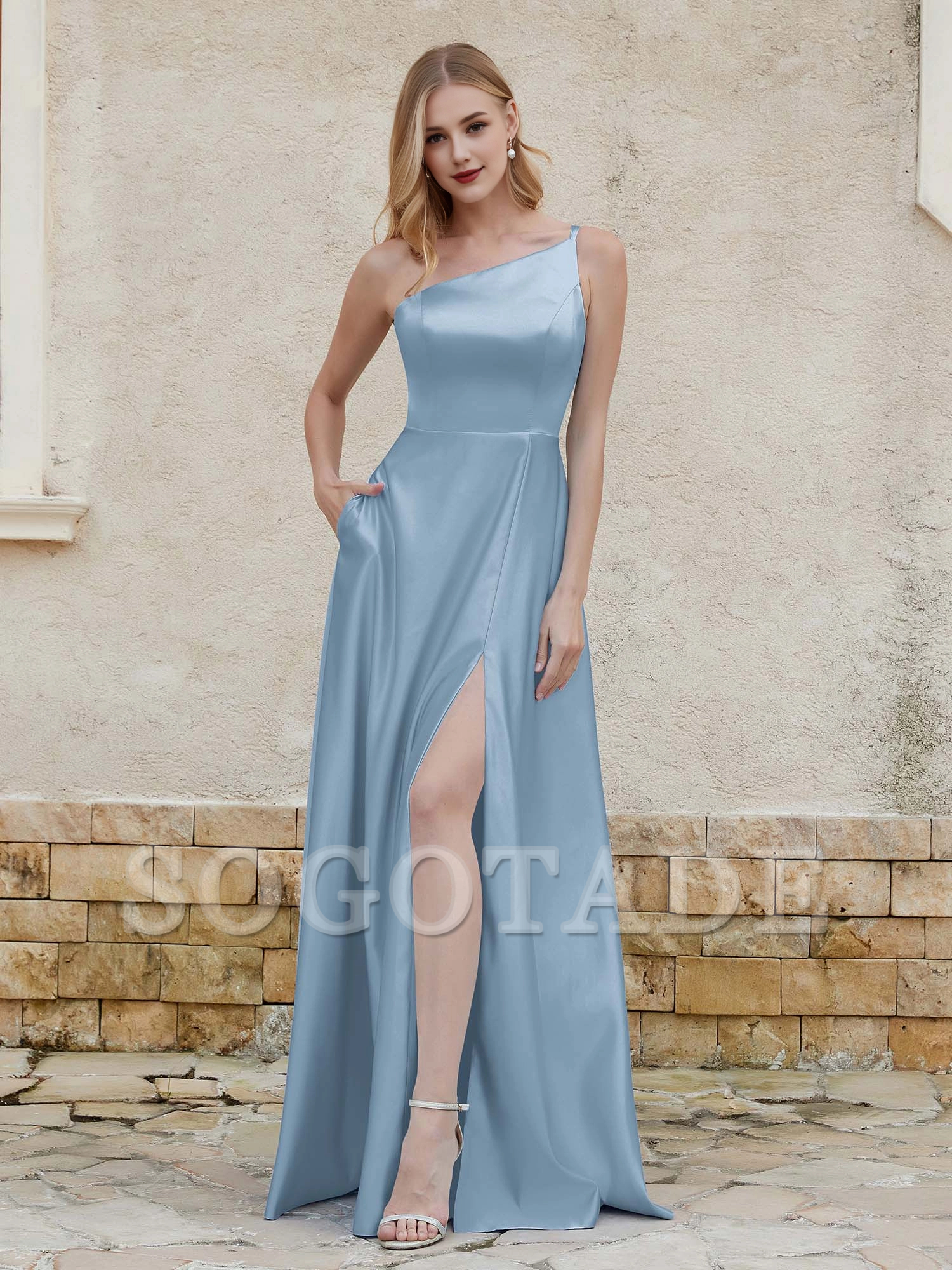 One shoulder satin dress with pocket bridesmaid dress