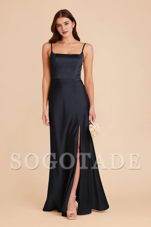 A-line front slit spoon neck satin bridesmaid dress-SOGOTADE