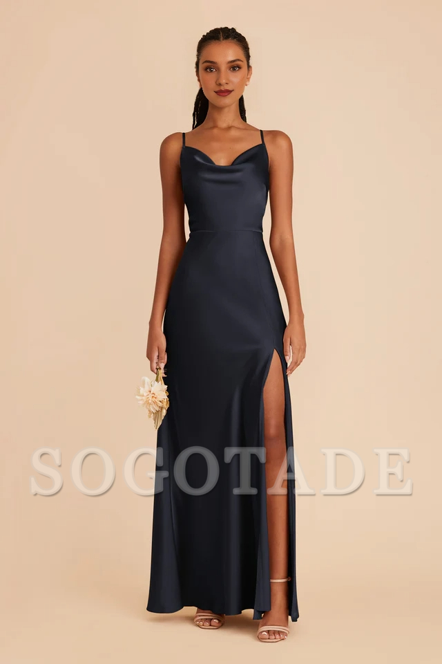 Fully lined pleated neckline with slit and floor length bridesmaid dress