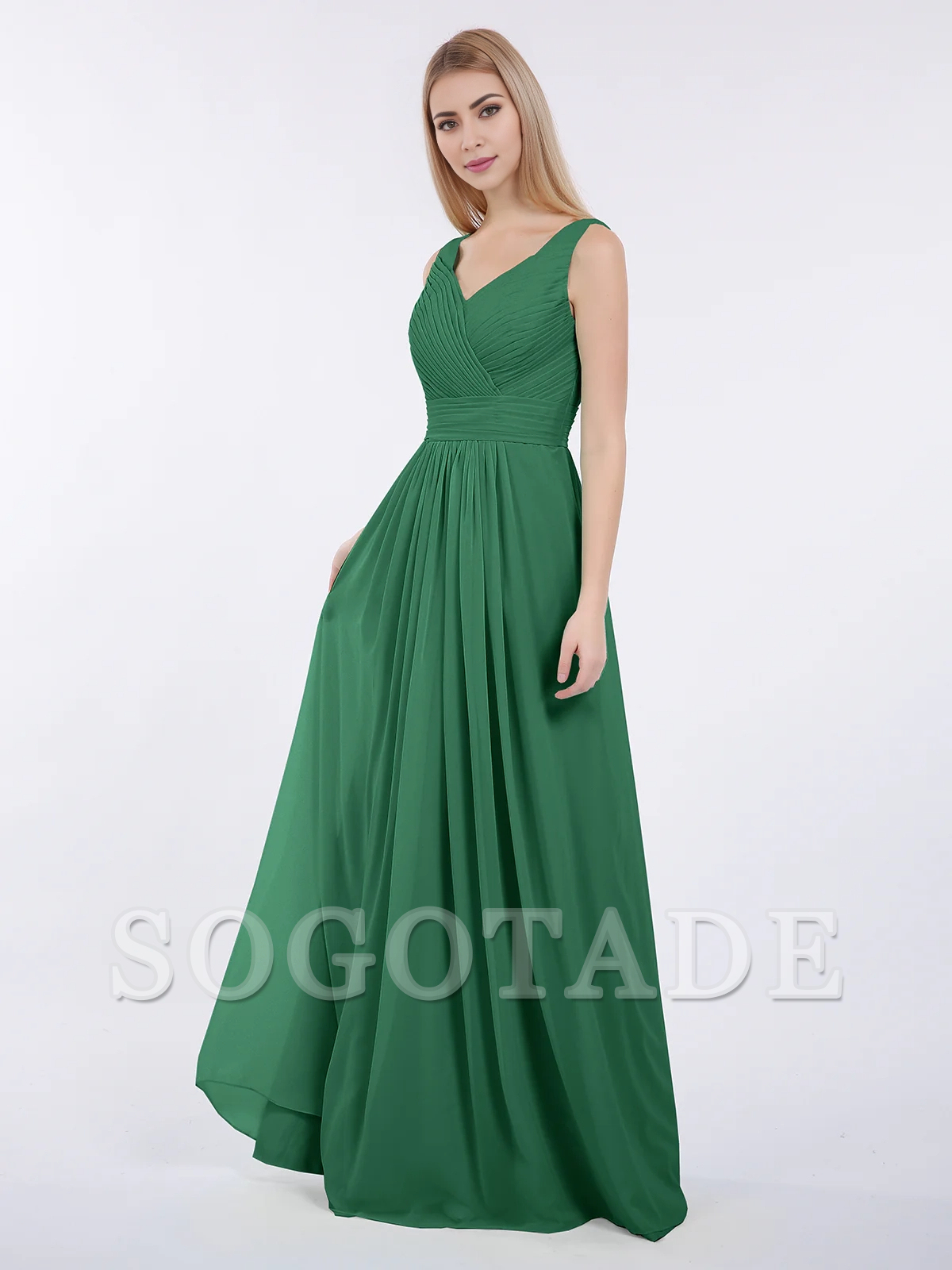 V-neck full-length chiffon pleated dress