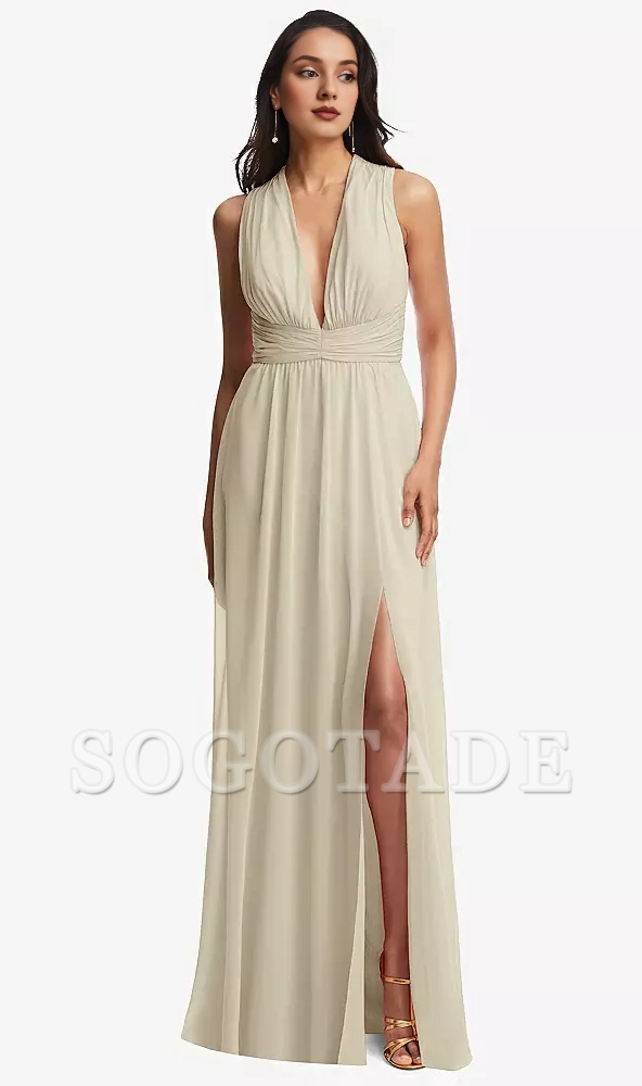 Parallel Crepe Deep V-neck backless Chiffon Long Prom Dress