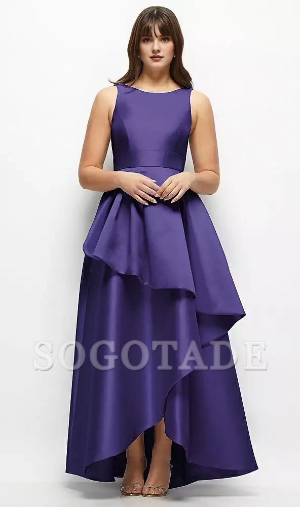 Asymmetric layering and floor length satin Prom dress