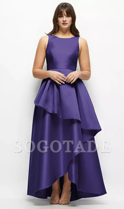Asymmetric layering and floor length satin Prom dress