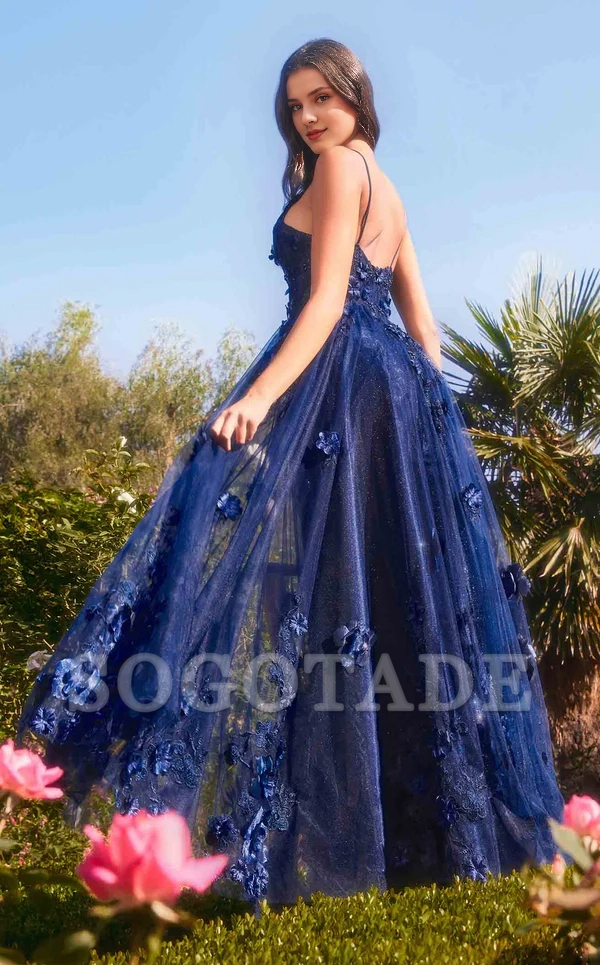 A-line 3D floral decal chiffon thin shoulder strap Prom dress-SOGOTADE