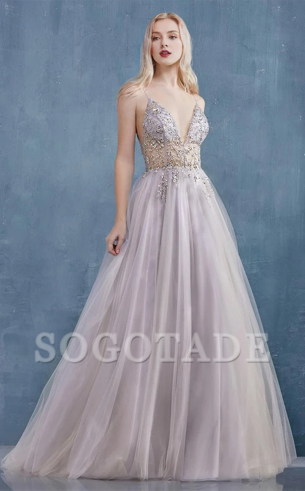A-line deep V-neck embroidered chiffon thin shoulder strap chiffon prom dress-SOGOTADE