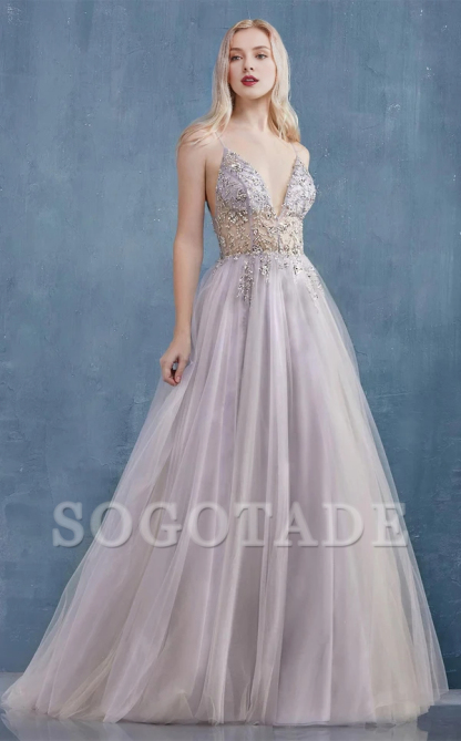 A-line deep V-neck embroidered chiffon thin shoulder strap chiffon prom dress-SOGOTADE