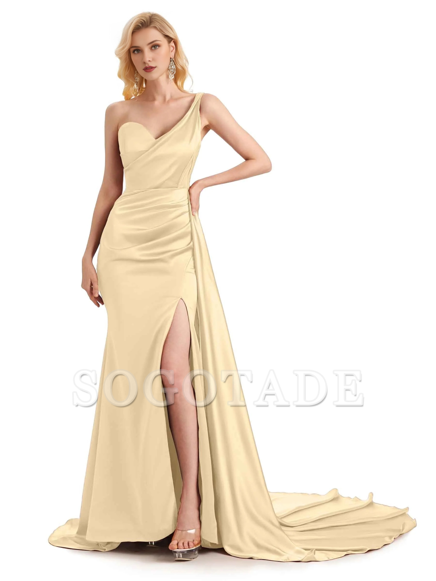 Sexy side slit shoulder long soft satin unique mermaid bridesmaid dress