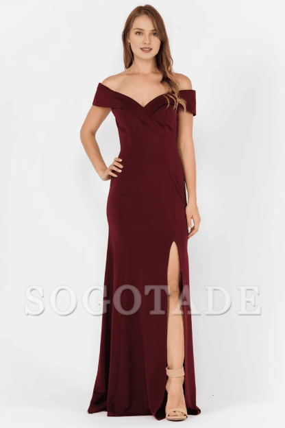 Front slit fit long off shoulder plain knit dress