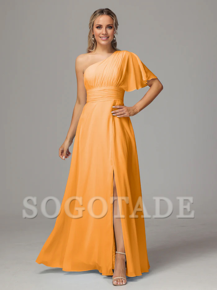 Asymmetric collar single sleeve pleated chiffon side slit and floor length bridesmaid dress