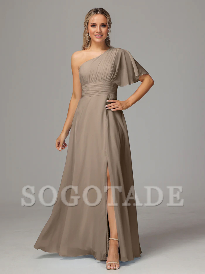 Asymmetric collar single sleeve pleated chiffon side slit and floor length bridesmaid dress