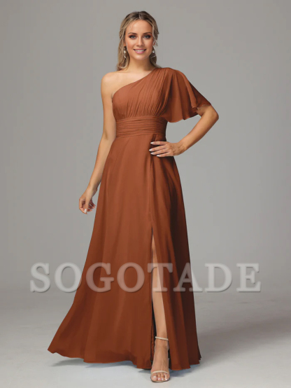 Asymmetric collar single sleeve pleated chiffon side slit and floor length bridesmaid dress