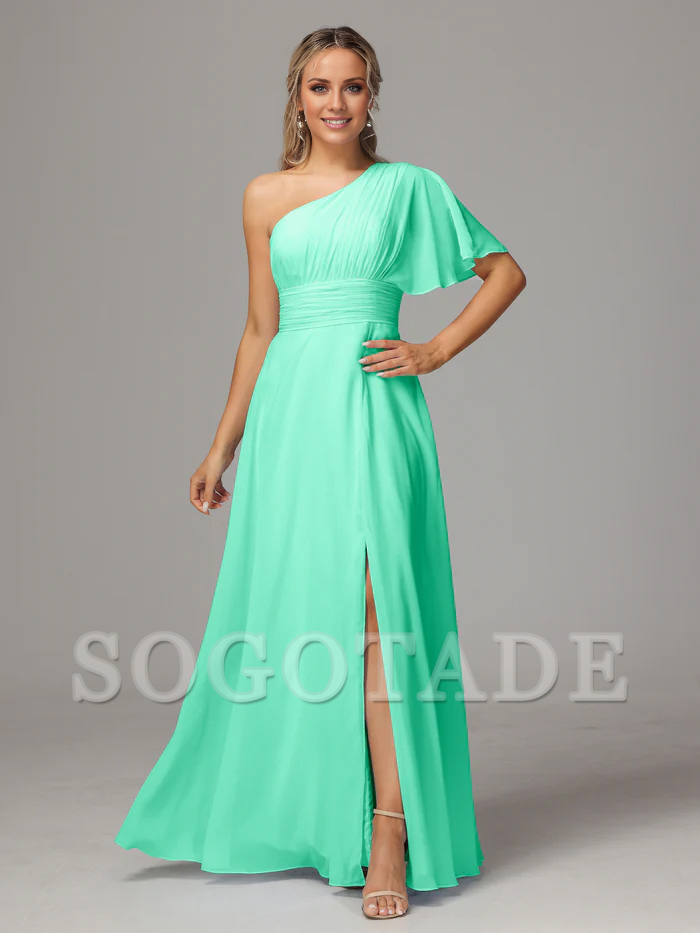 Asymmetric collar single sleeve pleated chiffon side slit and floor length bridesmaid dress