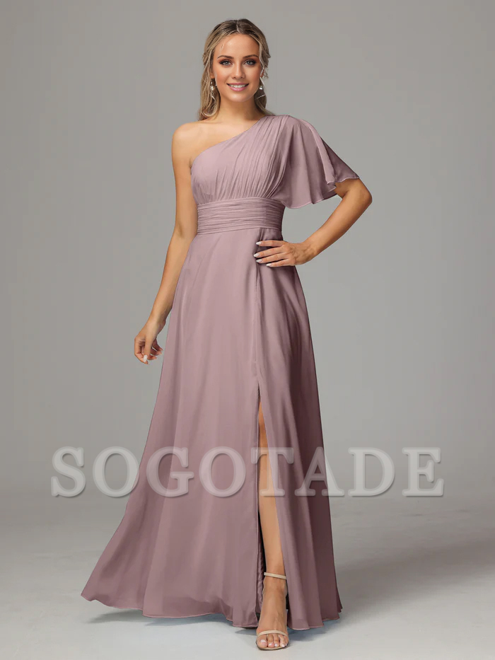Asymmetric collar single sleeve pleated chiffon side slit and floor length bridesmaid dress