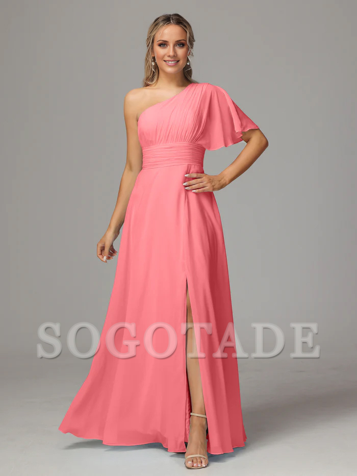 Asymmetric collar single sleeve pleated chiffon side slit and floor length bridesmaid dress