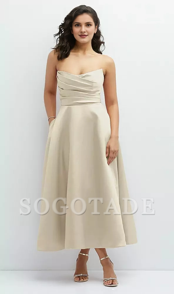 Hanging pleated tight corset strapless satin Prom dress