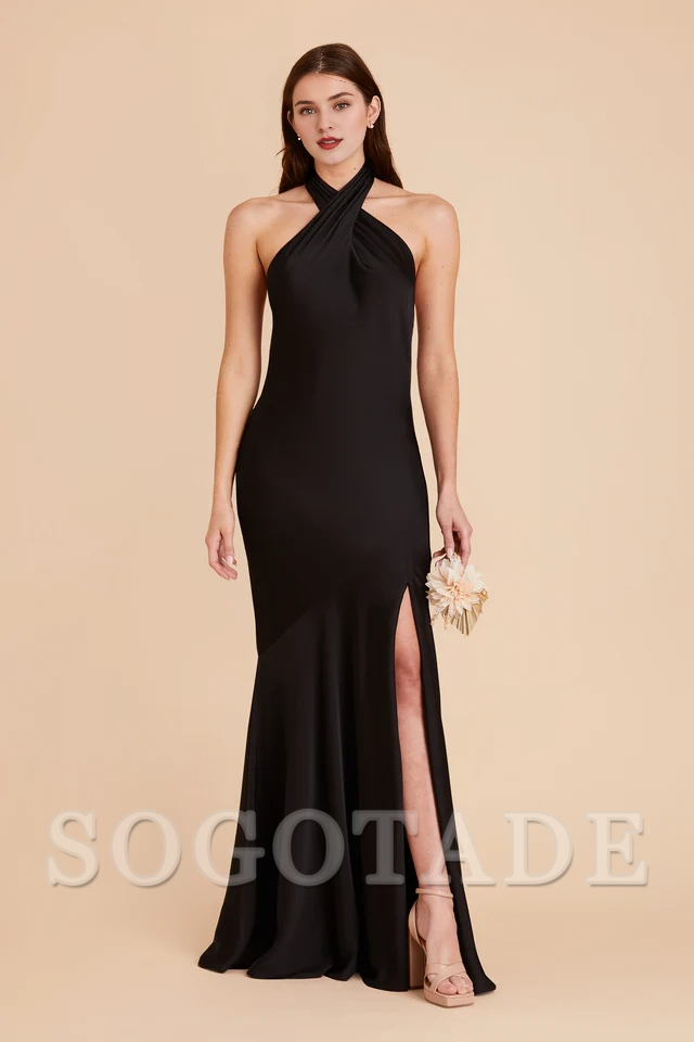 A-line diagonal seam front cross slit hanging neck bridesmaid dress-SOGOTADE