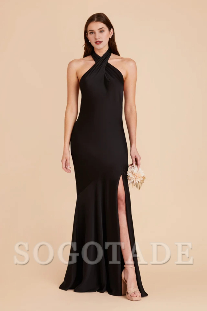 A-line diagonal seam front cross slit hanging neck bridesmaid dress-SOGOTADE
