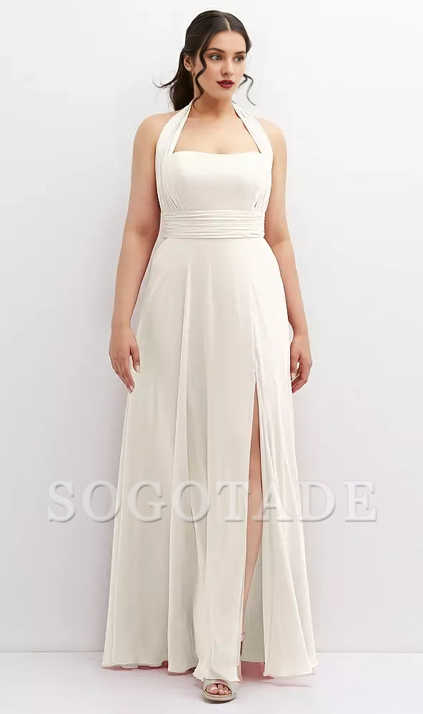 Hanging neck multi-directional lace up chiffon long Prom dress