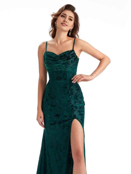 Sexy Spaghetti Straps Side Slit Mermaid Floral Velvet Long Bridesmaid Dresses Online