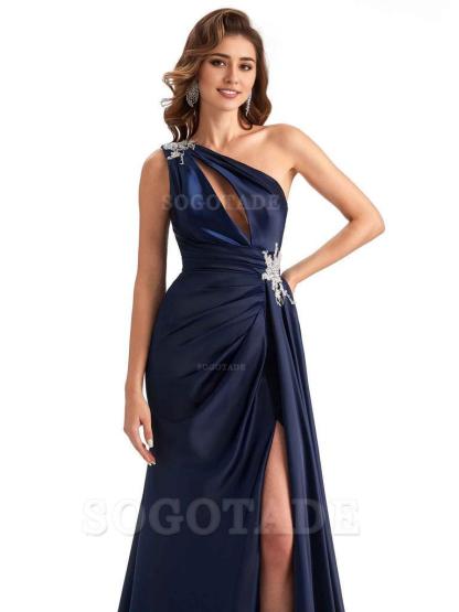 Sexy Side Slit Mermaid Soft Satin One Shoulder Lace Long Modern Bridesmaid Dresses