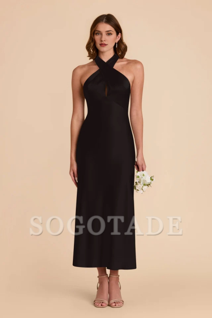 Rear tie neck matte satin and ankle length bridesmaid dress