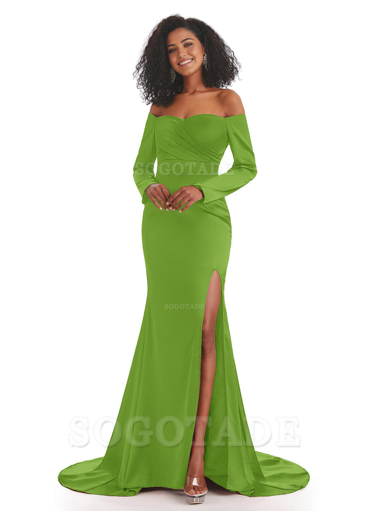 Mermaid Long Sleeve Satin formal dresses evening gown Bridesmaid Dresses With Side Slit 