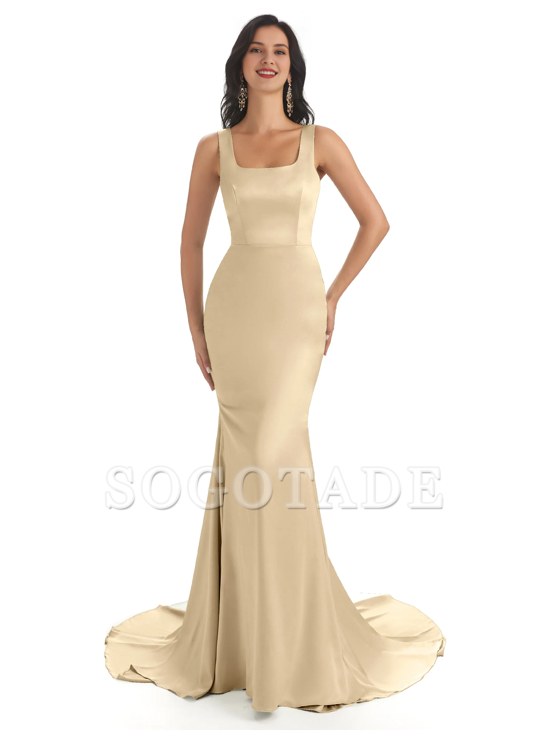 Soft satin unique square neck extra long fish tail bridesmaid dress