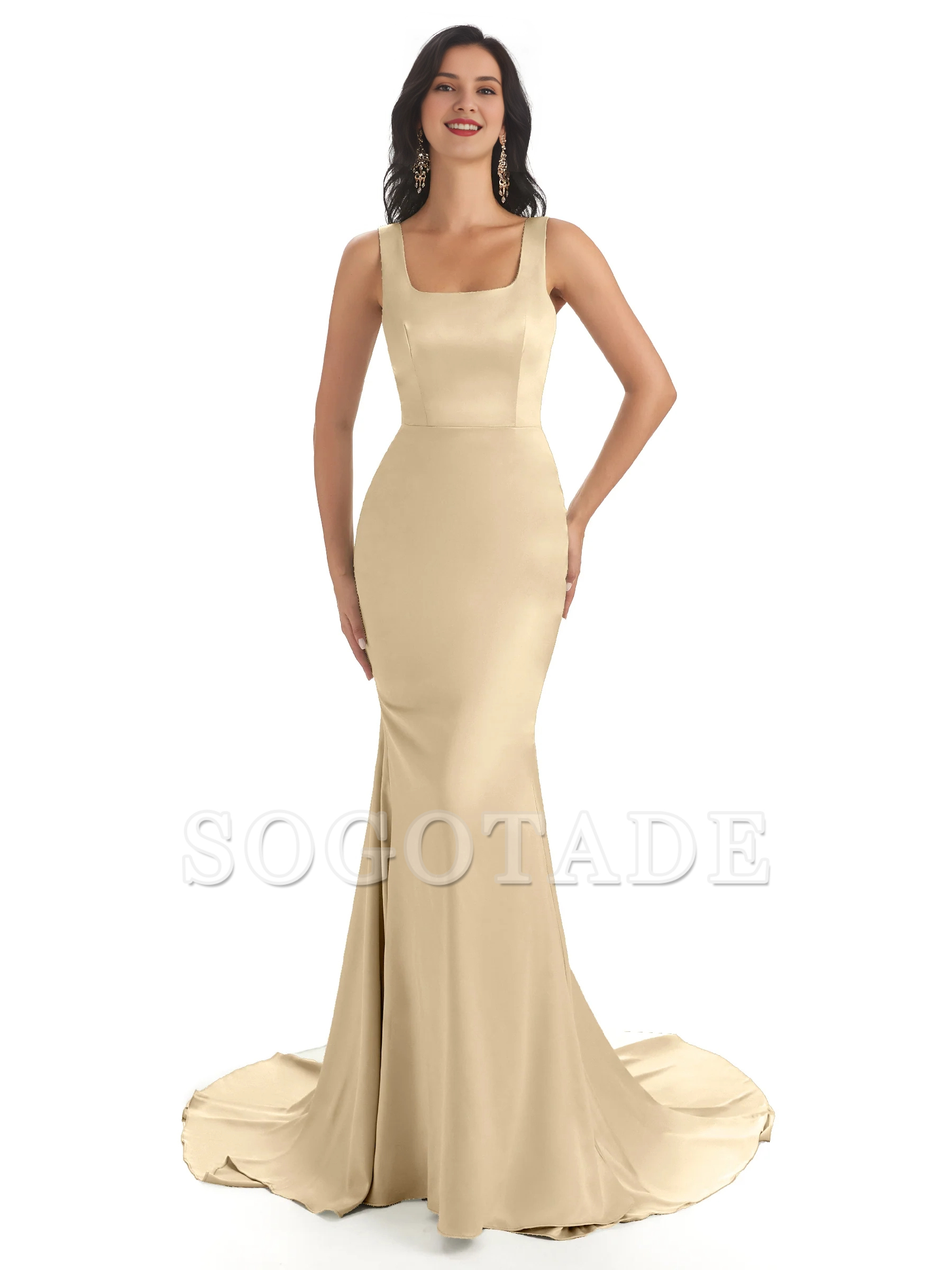 Soft satin unique square neck extra long fish tail bridesmaid dress