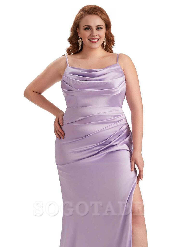 Sexy Jewel Side Slit Mermaid Soft Satin Long Plus Size Bridesmaid Dress For Wedding