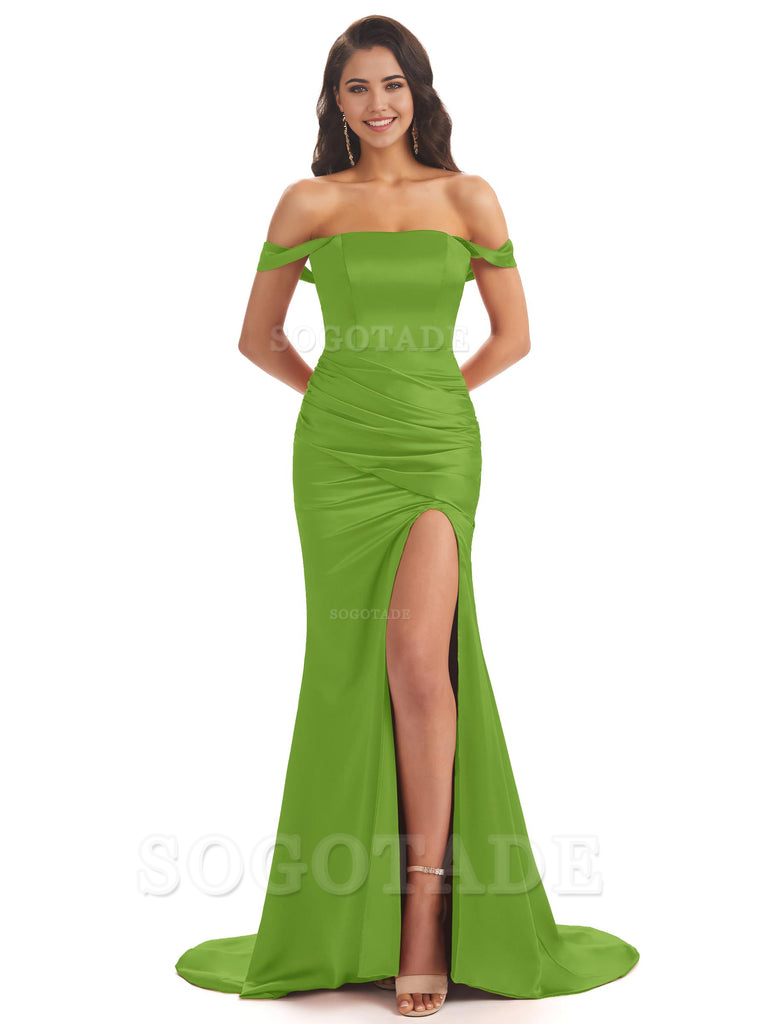Mermaid Off Shoulder Floor-Length Satin formal dresses evening gown Bridesmaid Dresses With Side Slit 