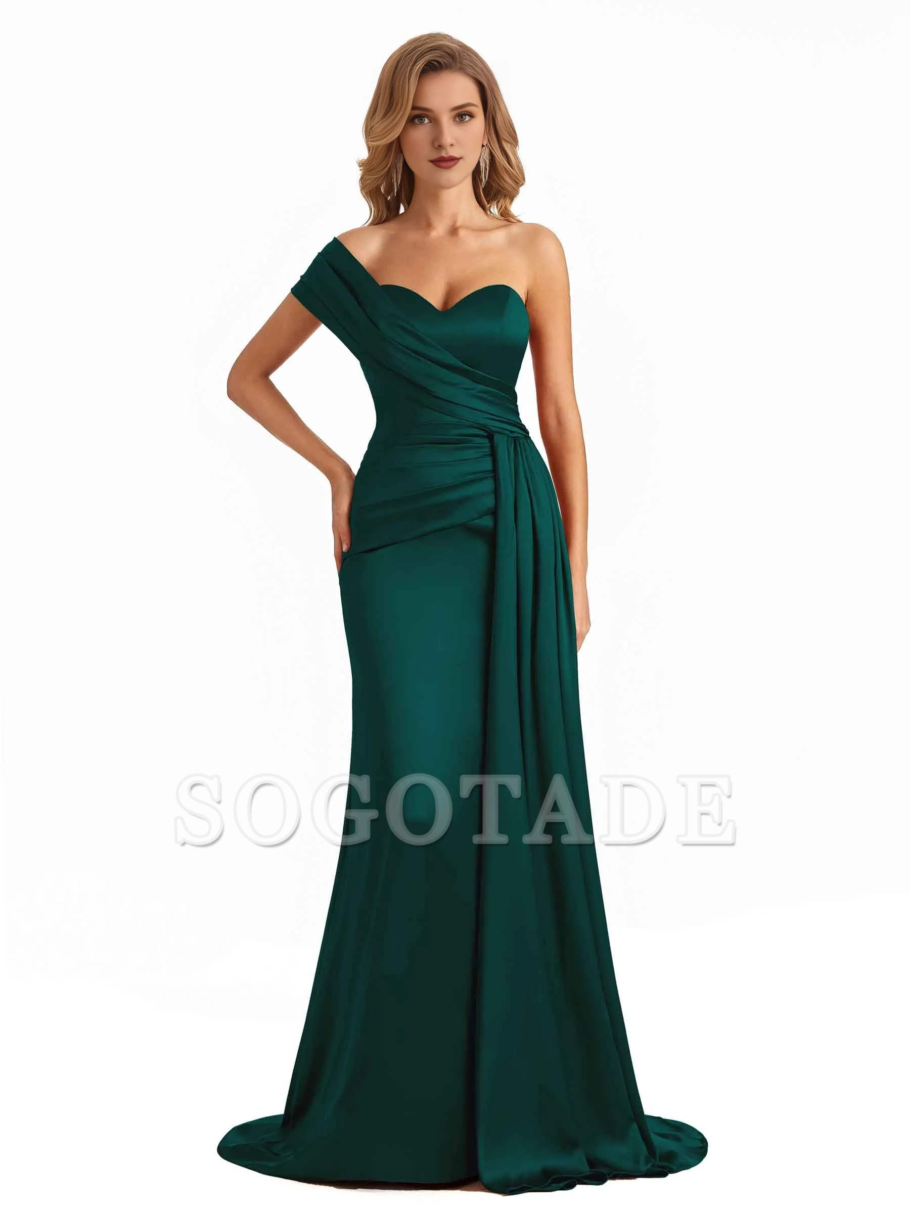 Elegant one shoulder soft satin long fish tail bridesmaid dress