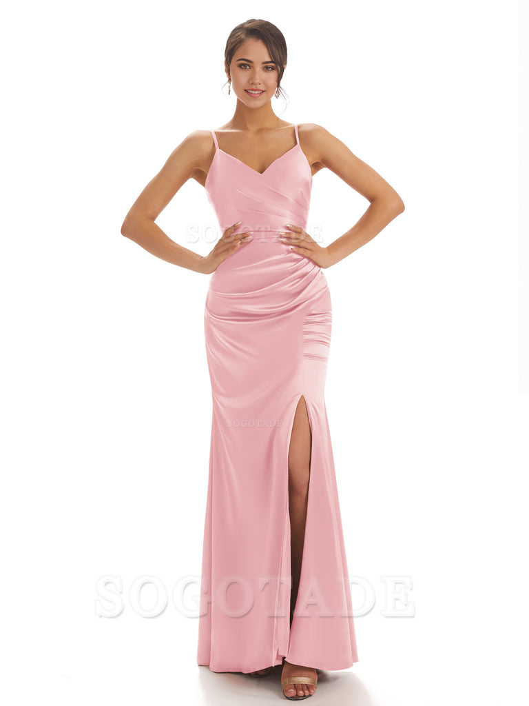 Spaghetti Straps Pleats Satin formal dresses evening gown Bridesmaid Dresses With Side Slit 