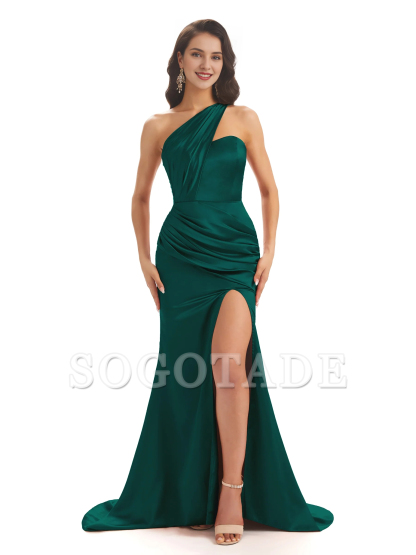 Sexy soft satin side slit one shoulder long fish tail bridesmaid dress