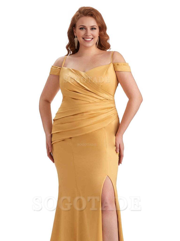 Elegant Cold Shoulder Side Slit Mermaid Soft Satin Long Plus Size Bridesmaid Gowns