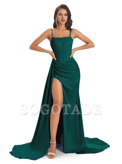 Sexy and soft satin side slit thin shoulder strap long mermaid unique bridesmaid dress