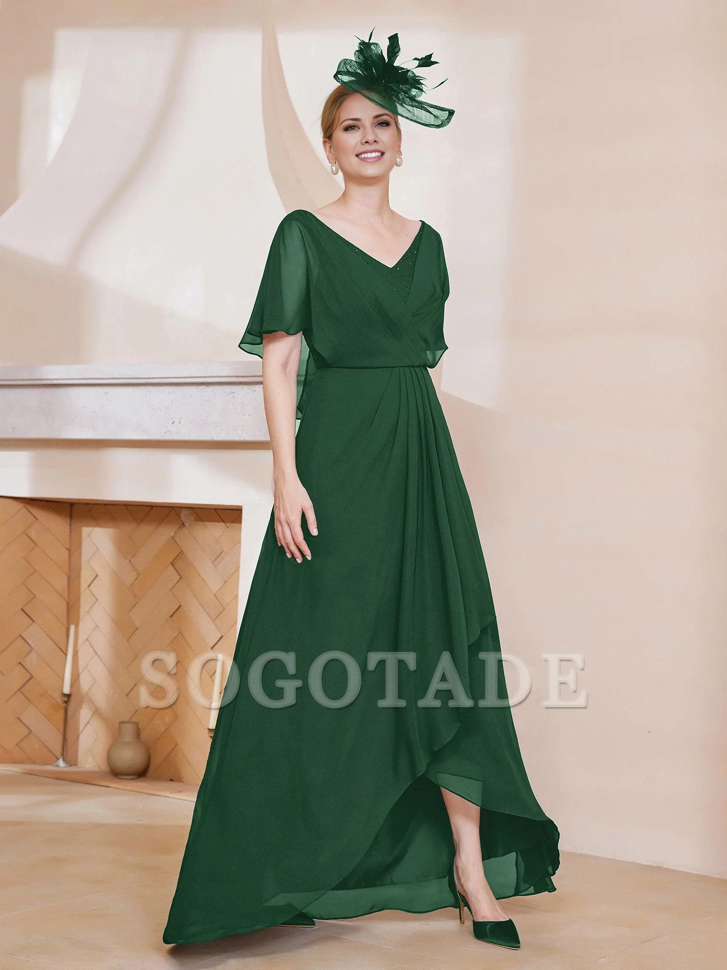 V-neck ruffle sleeves asymmetrical mother of the bride dress