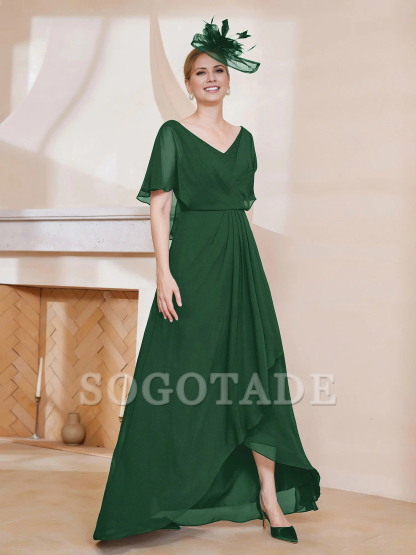 V-neck ruffle sleeves asymmetrical mother of the bride dress