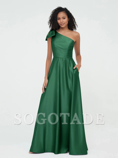Pocket one shoulder long satin bridesmaid dress