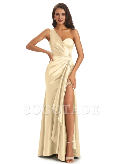 Elegant and soft satin side slit one shoulder unique fish tail bridesmaid dress