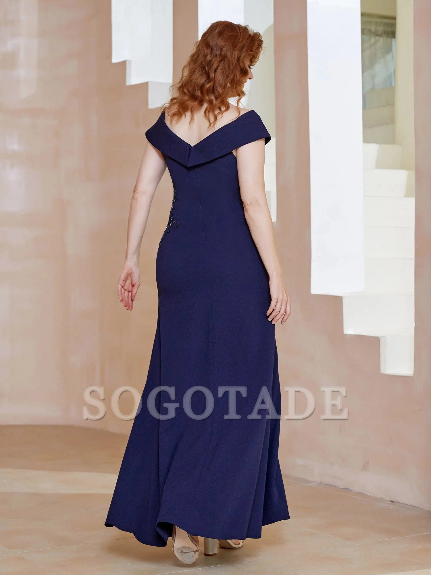 V-neck slit bead sequins mother of the bride dress