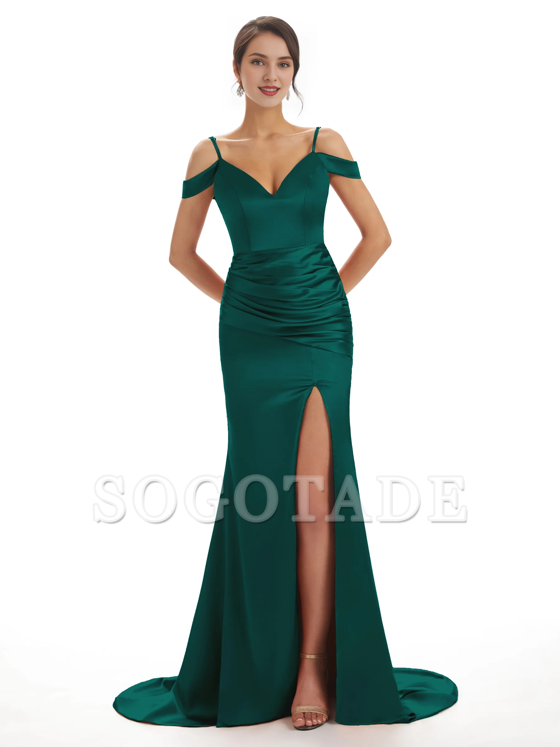Sexy off shoulder soft satin side slit long fish tail bridesmaid dress