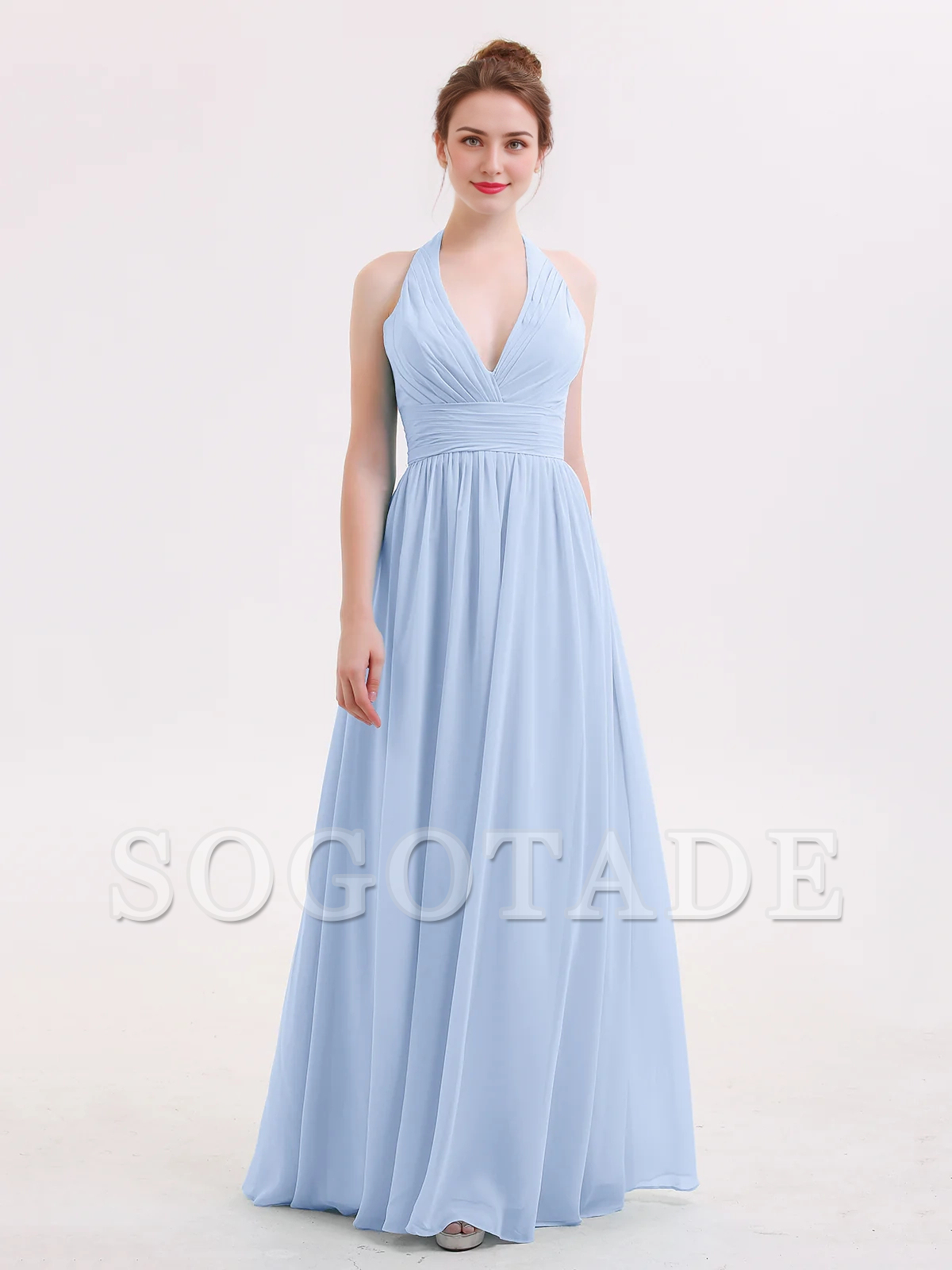 Hanging neck V-neck chiffon bridesmaid dress