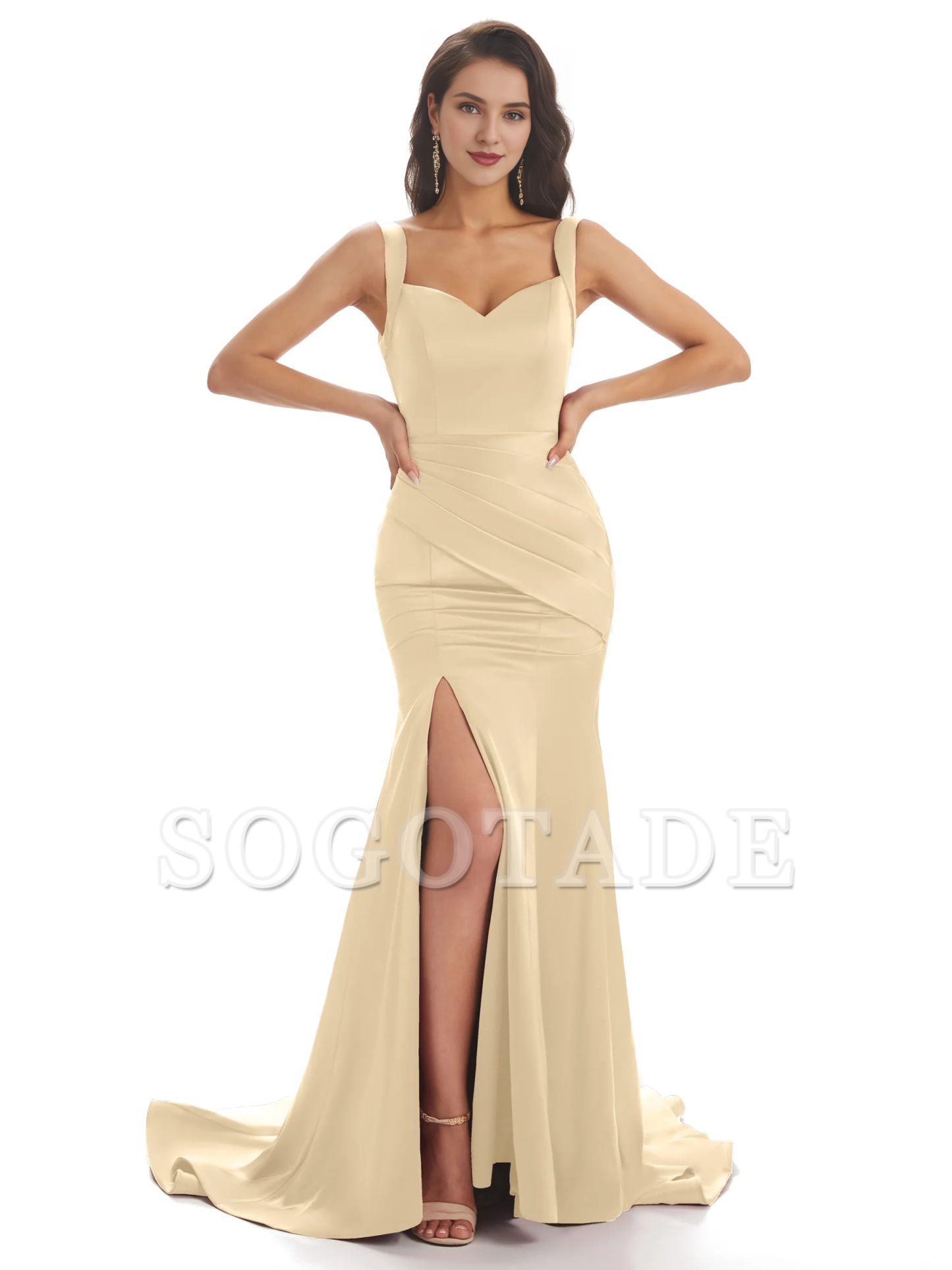 Sexy and soft satin side slit shoulder strap square and floor length fishtail bridesmaid dress